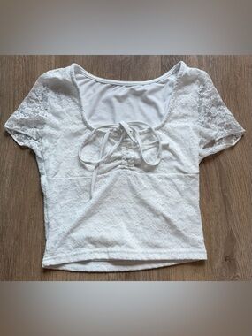 SHEIN White Lace Short Sleeve Tie-Front Top